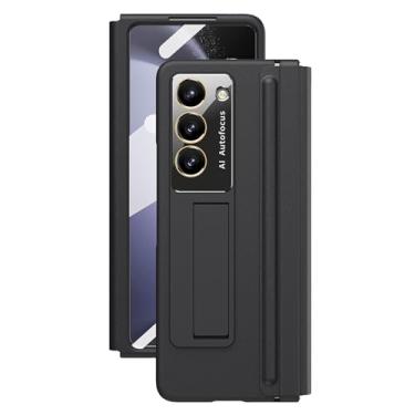 Imagem de POYUFRG Capa de couro para Samsung Galaxy Z Fold 6, proteção de dobradiça de lente com tudo incluído, capa fina e leve com suporte invisível à prova de choque, preta