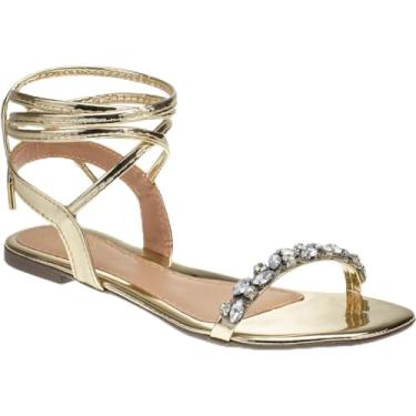 Imagem de Rasteirinha Feminina com Pedraria Sandália Rasteira Amarração Brilhante Lóris Shoes035 (Ouro Light, BR, Adulto, Numérico, 34)