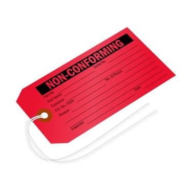 Imagem de SmartSign (pacote com 50) etiquetas de inspeção não conformes com patch de fibra e cordas, 12 x 6 cm, cartolina grossa de 13 pontos, preto sobre vermelho