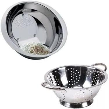 Imagem de Kit Conjunto Escorredor De Massa e Macarrão 24cm com Alça em Inox + Lavador de Arroz 26cm em Inox