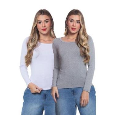 Imagem de Kit Blusa Básica Malha Manga Longa Branca e Cinza - GG-Feminino