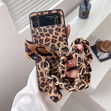 Imagem de Omio Capa para Samsung Galaxy Z Flip 3 com corrente destacável de luxo pulseira pulseira linda capa para meninas mulheres estampa de leopardo fino design de cachecol de seda capa à prova de choque para Galaxy Z Flip 3 5G marrom
