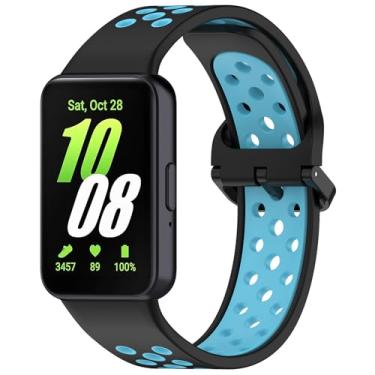 Imagem de Eiavike Pulseira esportiva de silicone para Samsung Galaxy Fit 3 pulseira de reposição porosa respirável em dois tons para Galaxy Fit 3 2024 SM-R390 mulheres e homens (preto azul)