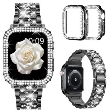 Imagem de Mosonio Pulseira de 44 mm compatível com Apple Watch com capa feminina, pulseira de metal de substituição com 2 unidades, capa protetora de policarbonato brilhante para iWatch Series 6/5/4 (preto)