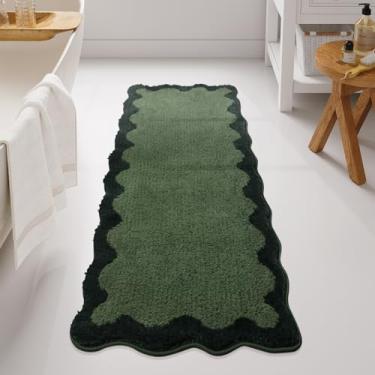 Imagem de Uphome Tapete de corredor de banheiro, verde fofo ondulado absorvente de água tapetes de banheiro longo, tapetes de banho laváveis de microfibra macia para chão, chuveiro, pia, lavanderia, quarto,