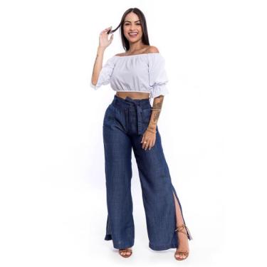 Imagem de Calça Feminina Pantalona Sarja  Jeans Com Lastéx  - RESTRITO JEANS, 40