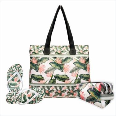 Imagem de Kit Feminino Tropical Folhas com Bolsa, Necessaire e Chinelo, Magicc, 