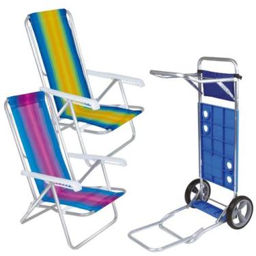 Imagem de Kit Praia 2 Cadeira Reclinável 8 pos Alumínio + Carrinho Com Avanço - 