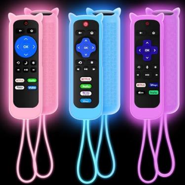 Imagem de Pacote com 3 capas remotas para Roku, compatível com Hisense/TCL Roku TV Steaming Stick/Express, protetor de silicone, capa universal, capa que brilha no escuro, roxo, azul, rosa