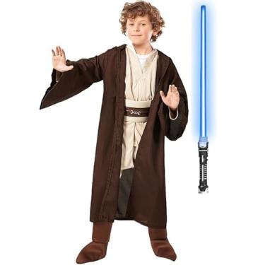 Imagem de shyhand Túnica infantil com capuz, 5 peças, com cinto, sabre de luz, cosplay, roupa para meninos e meninas, Marrom, 6-7 Anos