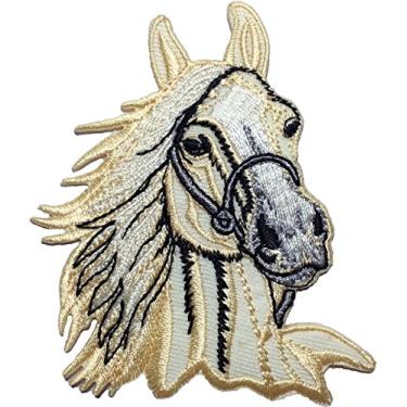 Imagem de Papapatch Jaqueta jeans infantil infantil equitação cabeça de cavalo equitação corrida fazenda bebê bolsa costura ferro em aplique bordado emblema emblema emblema fantasia patch - creme (ferro-cabeça