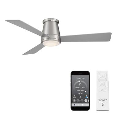 Imagem de Ventilador de teto WAC Smart Fans Hug para ambientes internos e externos, 3 lâminas, montagem embutida, casa inteligente, 132 cm, níquel escovado com kit de luz LED de 3000 K e controle remoto