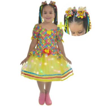 Imagem de Vestido Festa Junina Xadrez Saia Tule com LED + 2 Laço - Várias Cores 