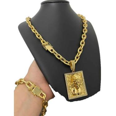 Imagem de Corrente Cadeado 14mm + Pulseira + Pingente - Banhado a Ouro - ToJoia1