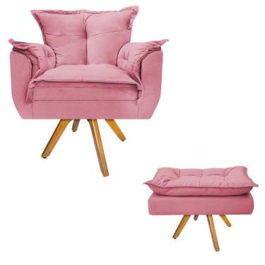 Imagem de Kit Poltrona e Puff Opala Base Giratória de Madeira Suede Rosa Bebê - 