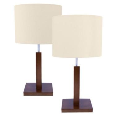 Imagem de Kit 02 Abajur Luminária Quarto Pé Quadrado Imbuia Cúpula  Algodão Crú 