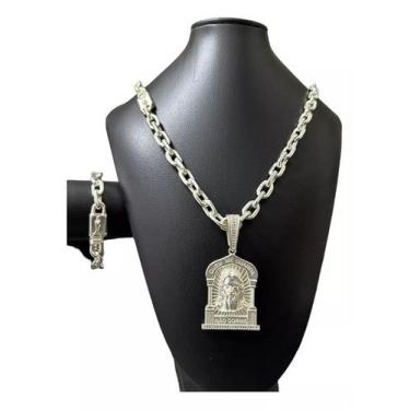 Imagem de Cordão cadeado 12mm + pulseira +pingente banhado a prata 925 - ToJoia1