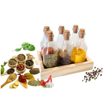 Imagem de porta tempero em madeira bandeja 6 potes de vidro - house decor