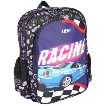 Imagem de Mochila Masculina Infantil LS Carros Racing Preta Grande Com 4 Divisõe