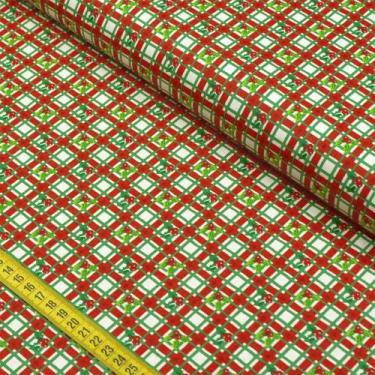 Imagem de Tecido Estampado para Patchwork - Natal: Xadrez com Azevinha Fundo Beg