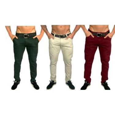 Imagem de Kit 3 calça masculina slim com lycra caqui bordo marrom skinny - empor