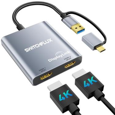 Imagem de SWITCHFLUX Adaptador USB C para HDMI duplo |4K @60Hz| para Mac M1/M2/M3, Displaylink (DL6950) HDMI Spilitter Display estendido para monitores duplos compatível com Windows, MacBook Pro/Air, driver