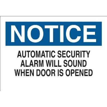 Imagem de Brady Placa de porta de plástico 22527, 17,8 cm x 25,4 cm, legenda "Alarme de segurança automático soará quando a porta for aberta"