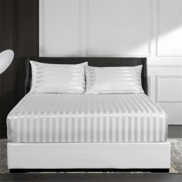Imagem de ZiDeTang King Conjunto de lençóis de cama com listras de cetim sedoso, respirável e refrescante, confortável, luxuoso, macio, sem rugas, cor creme