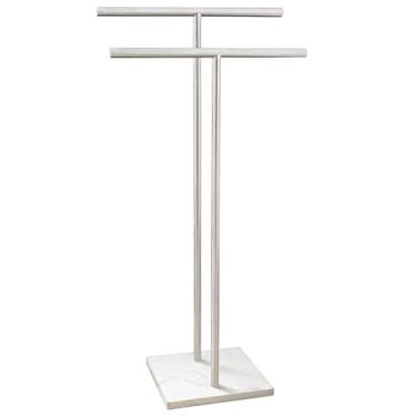 Imagem de EADOT Toalheiro de pé de 101 cm, suporte de toalha de banho alto em forma de T duplo com base de design de mármore para piso de banheiro próximo à banheira ou chuveiro, suporte de toalha de 2 camadas,