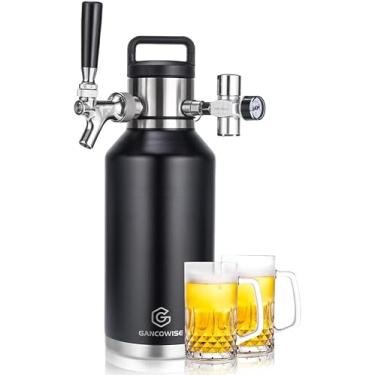 Imagem de Mini Growler de barril de parede dupla de 1,8 g, sistema de dispensador doméstico isolado a vácuo de aço inoxidável com torneira removível e regulador mantém a cerveja caseira, artesanato e chope