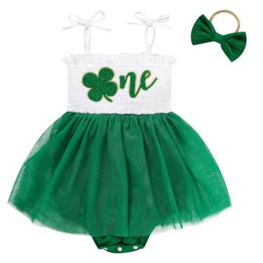 Imagem de TITKKOP Roupas para bebês de 1º aniversário de um ano de idade, macaquinho de tule, sem mangas, body de bolo, roupas esmagadoras, Verde-branco, 9-12Months