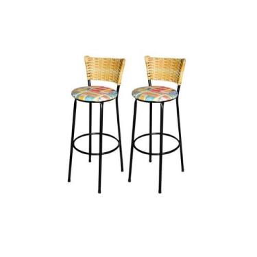 Imagem de Jogo 2 Banqueta Alta Para Cozinha Ratan Palha Preta Estofado Cerveja -