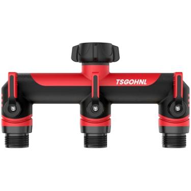 Imagem de Divisor de mangueira de 3 vias, nova saída vertical de passo longo - projetado para temporizador de irrigação, torneira externa e divisor de mangueira de jardim - vermelho