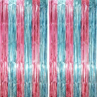 Imagem de Voircoloria Pacote com 2 cortinas de fundo de franja azul e rosa, serpentinas de tinsel decorações de festa de sereia, pano de fundo com franjas para aniversário, chá de bebê, revelação de gênero,