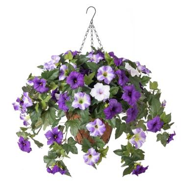 Imagem de Ammyoo Flores falsas artificiais penduradas com cesta de plantas para decoração ao ar livre, flor de seda sintética resistente a UV para casa, varanda, pátio, jardim, varanda, quintal, aparência real