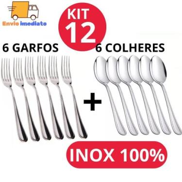 Imagem de Kit Conjunto  6 Colher + 6 Garfo Talher Aço Inox Grande Luxo Sopa Bar 