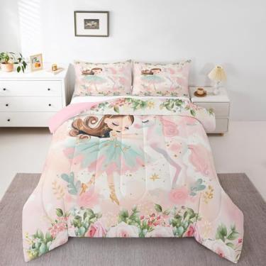 Imagem de Manfei Conjunto de edredom de princesa, tamanho casal, bailarina kawaii e unicórnio, edredom leve, 2 fronhas