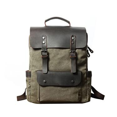 Imagem de Mochila de lona moda estilo vintage para homens mochila de couro mochila escolar para laptop(Green-Cow leather)