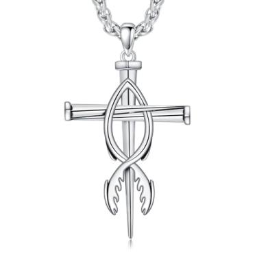 Imagem de Lattd Colar com cruz de unhas, prata esterlina 925, pingente de cruz cristã, para homens, pai, marido, com corrente de aço inoxidável 55 cm + 5 cm, one size, Prata esterlina, Sem Pedra Preciosa