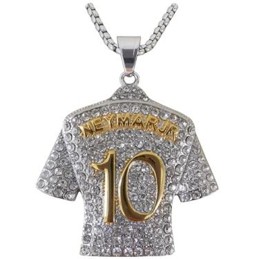 Imagem de Toogod Colar Neymar-10 banhado a prata camisa de futebol número 10 | Corrente de colar de estrela de futebol nº 10 | Pingente hip hop de 10 jérsei brasileiro para homens e mulheres 61 cm, 24'', Aço