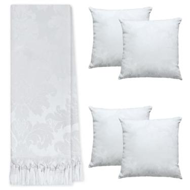 Imagem de Jogo Manta Xale para Sofá Artesanal com Franjas 1,40 x 3,00 com 4 Almofadas Cheias (23 BRANCO)