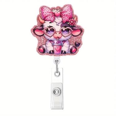 Imagem de Carretel de crachá de vaca rosa fofo animal jacaré clipe de crachá de flor de coração para enfermeira médica etiqueta de nome decoração para mulheres, professores de enfermagem, estudantes,