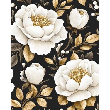 Imagem de Papel de parede floral vintage, descasque e cole, papel de contato de flores grandes preto ouro/branco, papel de parede dourado escuro autoadesivo removível à prova d'água para decoração de mesa de
