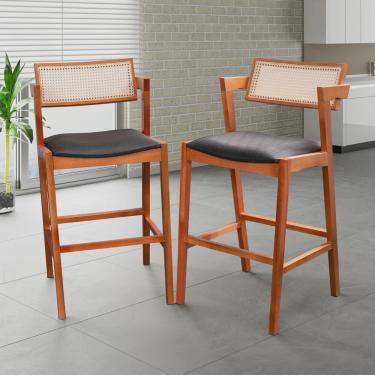 Imagem de Conjunto 2 Banquetas em Madeira Maciça, Estofada e Rattan de Fibra 100% Natural Nápoles Authentic