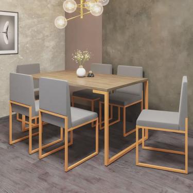 Imagem de Conjunto de Jantar Stan Industrial Mesa Quadrada 150x90cm Com 6 Cadeiras Ferro Dourado Tampo Madeira Corino Cinza - Ahz Móveis