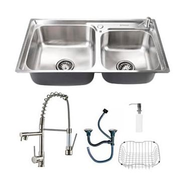 Imagem de Kit Cuba Dupla Pia Cozinha Gourmet Luxo Completa Com Acessórios Prata E Torneira Monocomando Misturador Aço Inox Brinovar