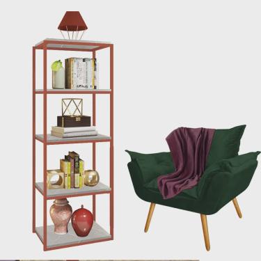 Imagem de Kit Poltrona Fatte com Manta Soft Bordô e Estante Livreiro Ferro Bronze mdf Marmorizado Cinza Suede Verde Musgo - Ahazzo Móveis