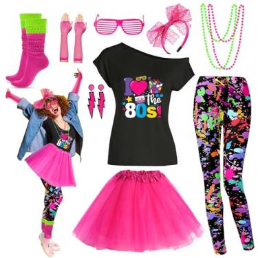 Imagem de Xintorch Conjunto de acessórios para fantasia feminina dos anos 80, leggings, faixa de cabeça, saia tutu, meias Neno Slouch, Estampa dos anos 80 - GG, X-Large