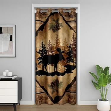 Imagem de Cortina de porta de cabine de alce retrô marrom listras de madeira cortina de porta de fazenda privacidade para crianças adolescentes adultos pinhas árvores animais selvagens impressão pata cortina