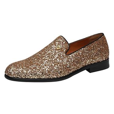 Imagem de ELANROMAN Sapato masculino brilhante feito à mão para festa de negócios, casamento, formatura, Dourado, 46